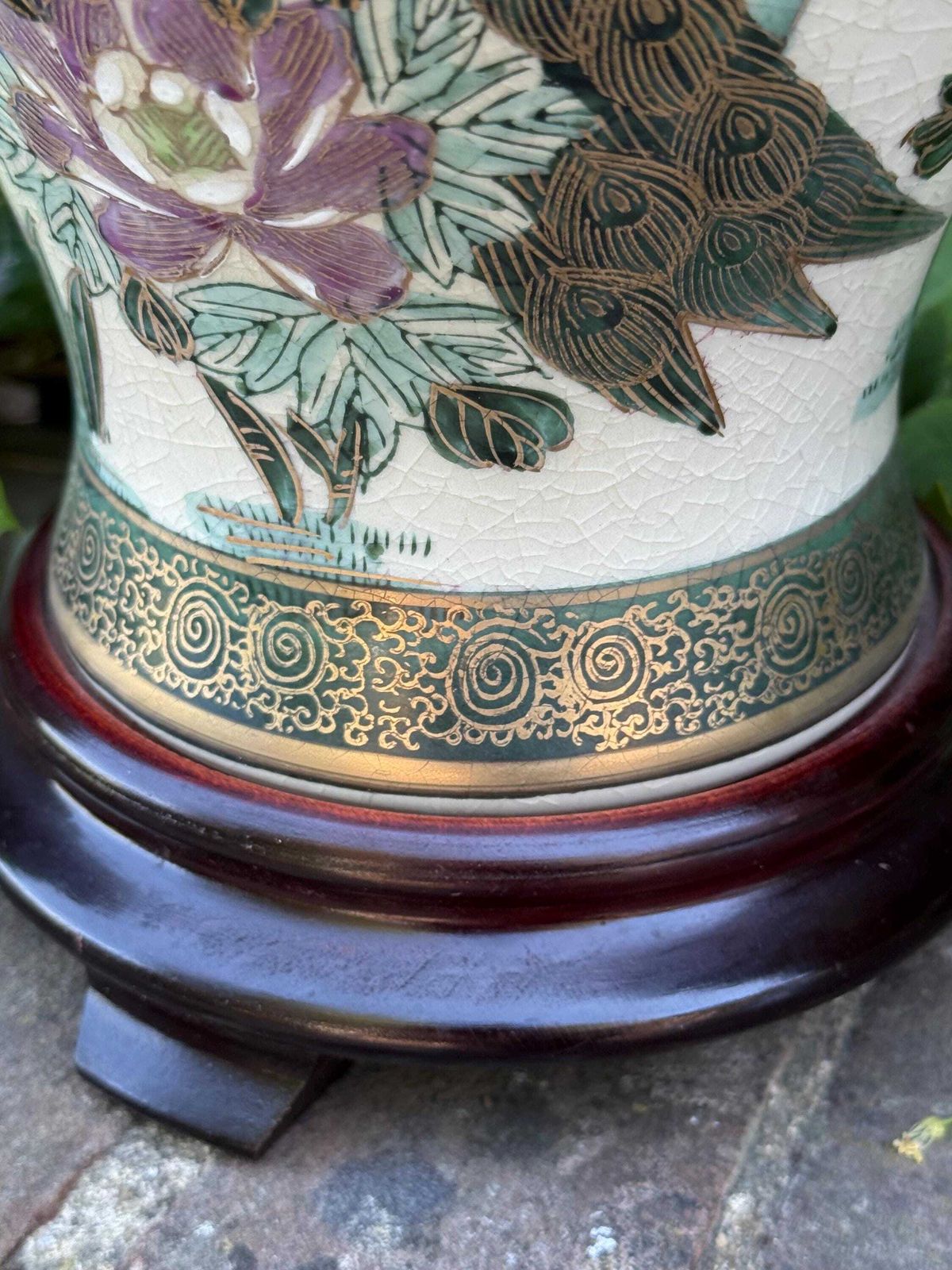 photo for sale Vintage Rochamp Style Peacock Chinoiserie Ceramic Table Lamp, Satsuma Oriental Lamp   Pat Tested, Excellent Quality