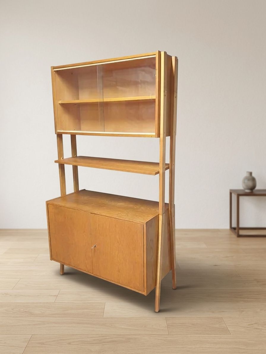 Wall Shelf Bookcase By František Jirák For Tatra Nábytok, Mid Century Oak Veneer Storage Cabinet, 1960s, Czechoslovakia photo Furniture