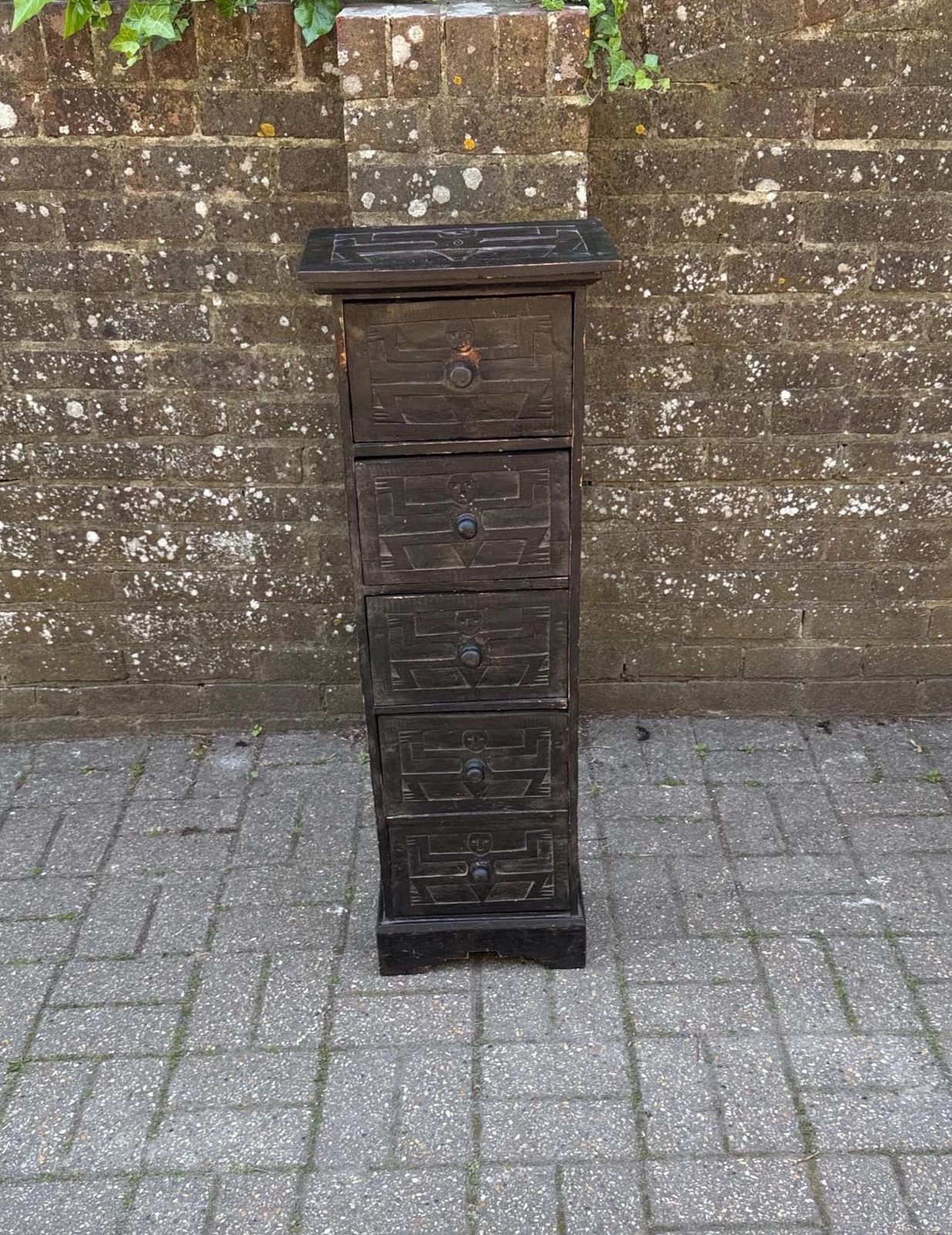 Vintage Rustic Folk Art Drawer Cabinet Black Carved Wood Storage Unit