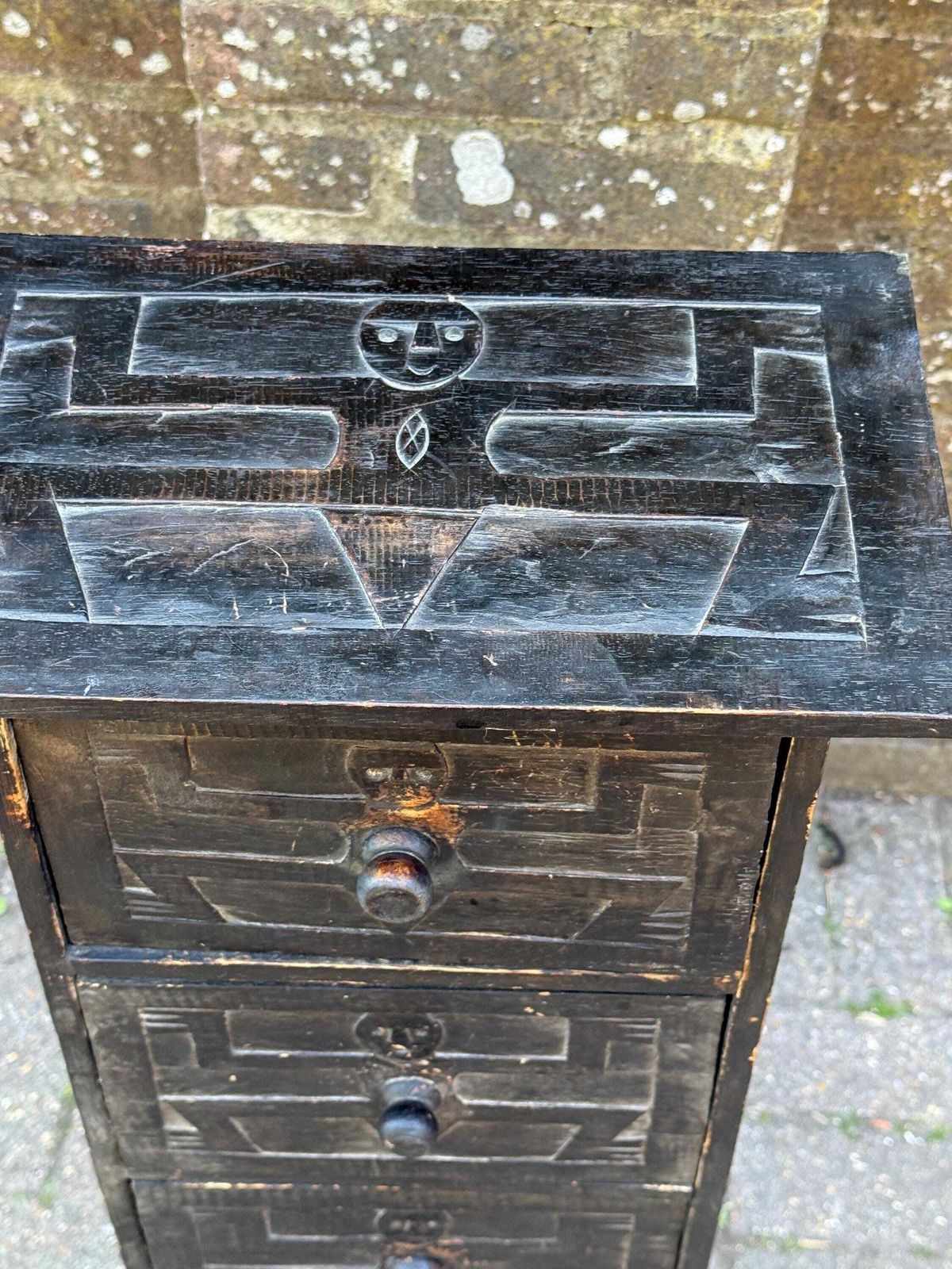 Vintage Rustic Folk Art Drawer Cabinet Black Carved Wood Storage Unit photo Furniture