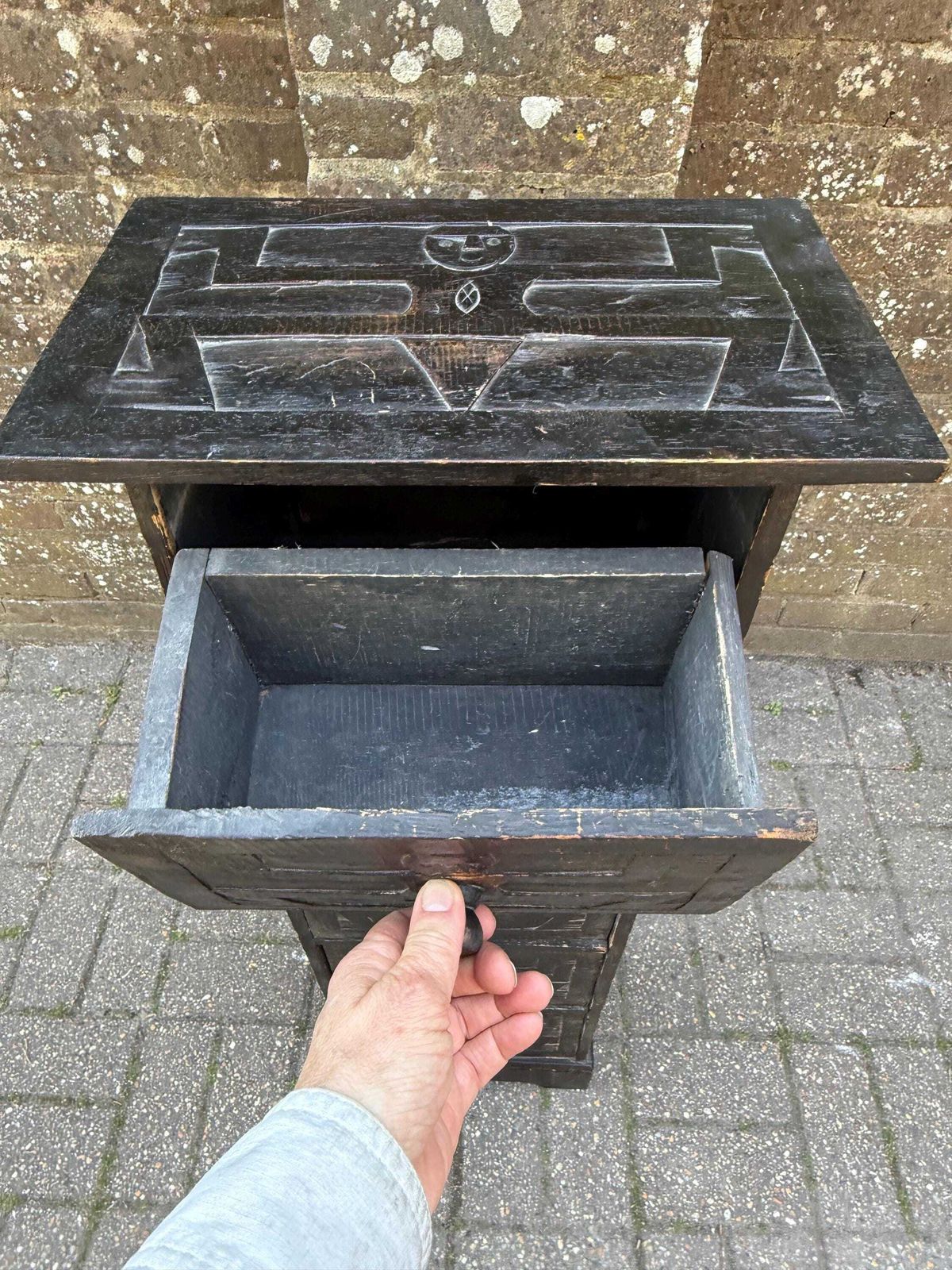 Vintage Rustic Folk Art Drawer Cabinet Black Carved Wood Storage Unit photo 225.0