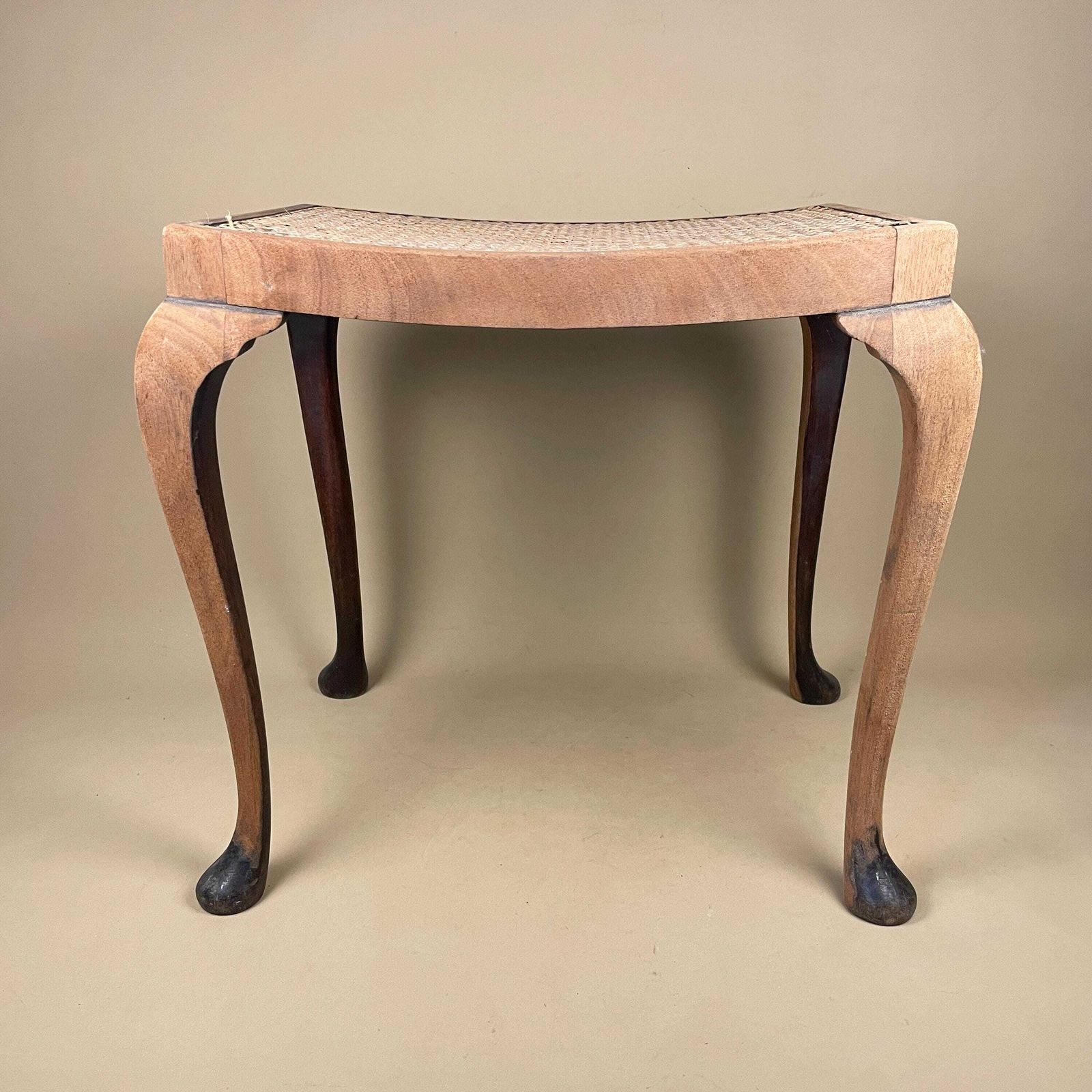 Antique Cane Seat Stool Wood Cabriole Leg Bench Vintage Elegant Traditional Curved Rattan Footstool Hallway Accent Queen Anne Style Project photo vinterior