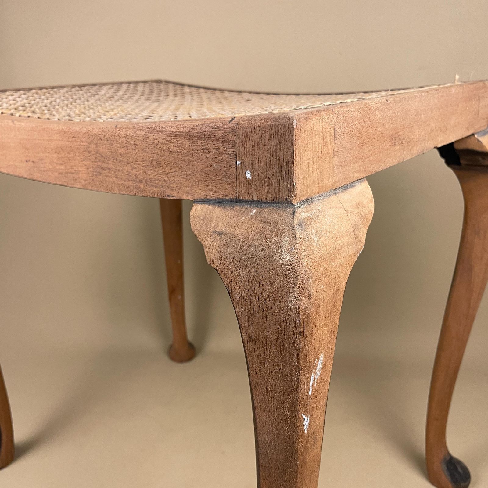 photo buy Antique Cane Seat Stool Wood Cabriole Leg Bench Vintage Elegant Traditional Curved Rattan Footstool Hallway Accent Queen Anne Style Project