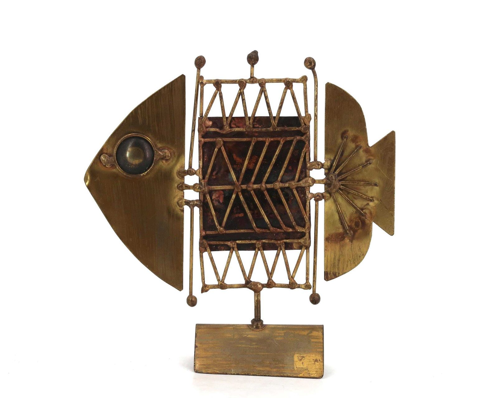 Brass And Copper Fish Sculpture By Jarc, 1950s / Brutalist Art, Home Decor, C Jere Style, Modernist, Modernism