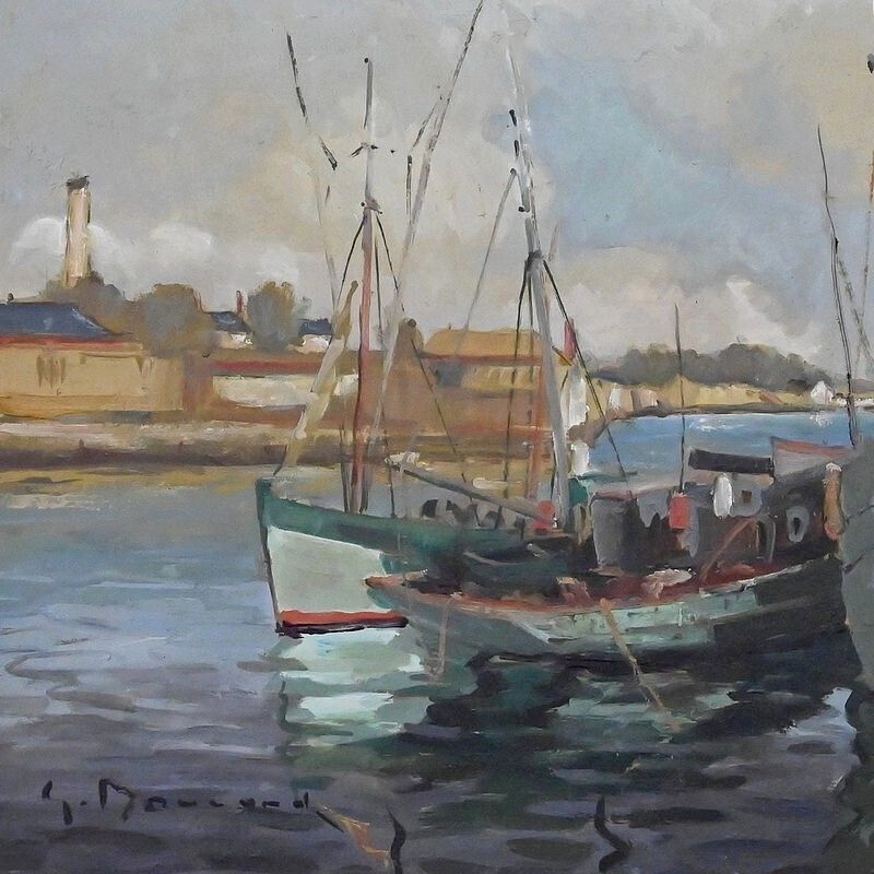 Painting "Tuna Boats At Quayside", Oil On Panel, Signed G. Boulard – Mid 20th Century photo furniture