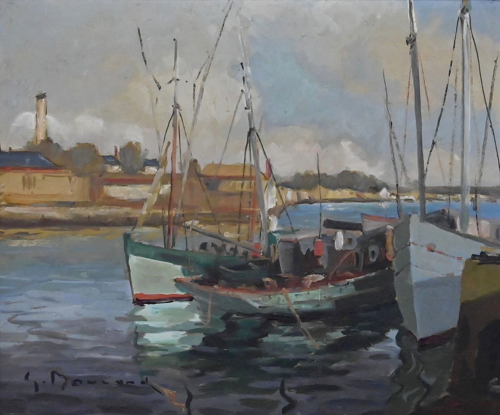 Painting "Tuna Boats At Quayside", Oil On Panel, Signed G. Boulard – Mid 20th Century photo vinterior