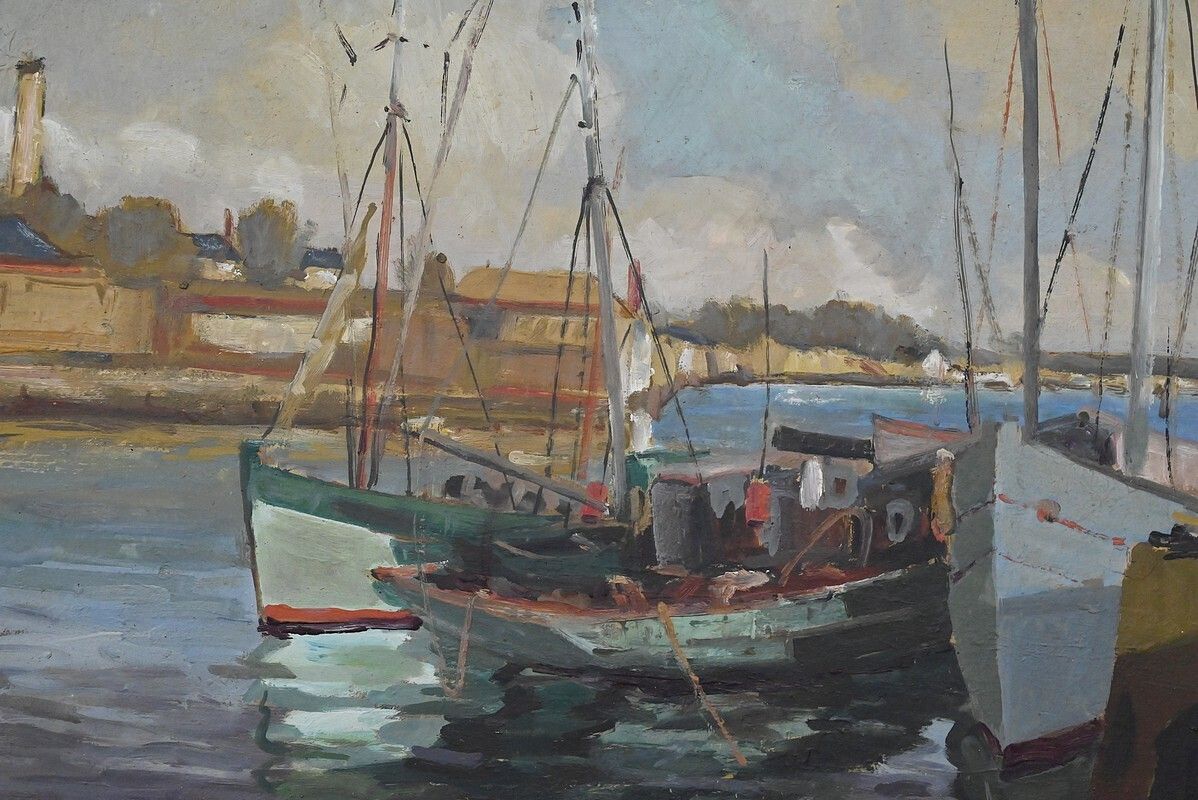 Painting "Tuna Boats At Quayside", Oil On Panel, Signed G. Boulard – Mid 20th Century photo buy