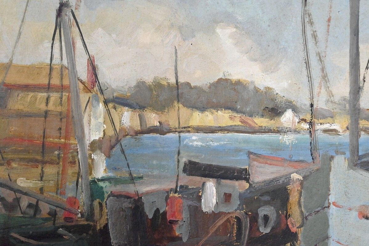 photo for sale Painting "Tuna Boats At Quayside", Oil On Panel, Signed G. Boulard – Mid 20th Century