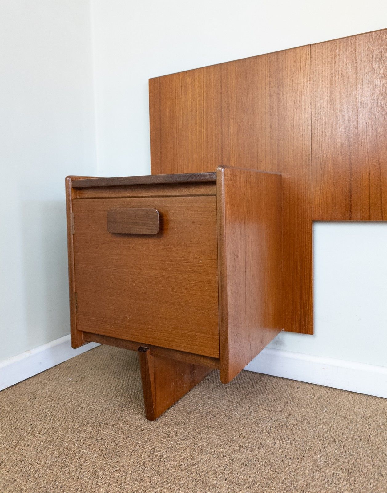 photo for sale Vintage Mid Century White Newton Teak King Size Headboard With Bedside Cabinets