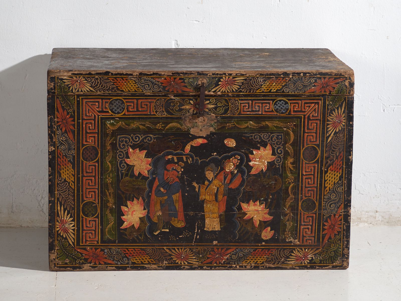 Antique Painted Chinese Trunk In Pine Wood  China Circa 1900 photo Furniture
