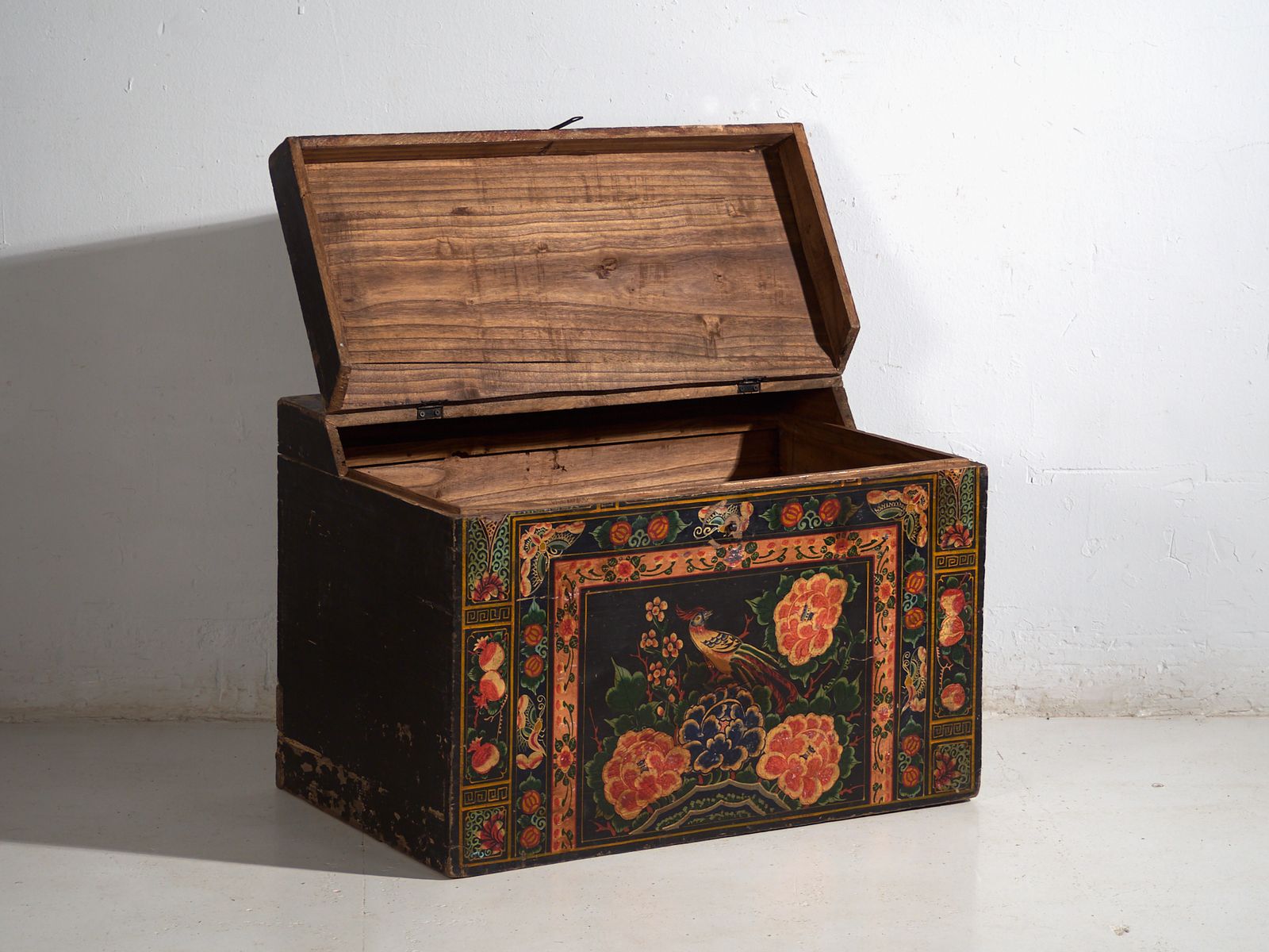 Antique Painted Chinese Trunk In Pine Wood – China, Circa 1900 photo for sale