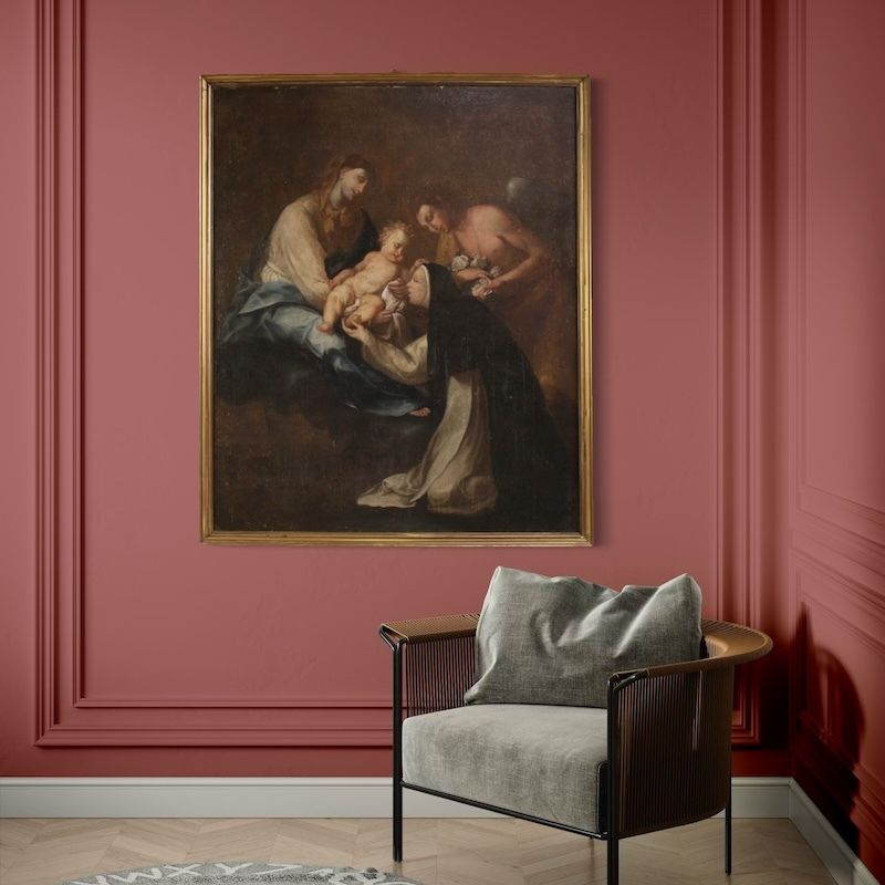 Antique Painting Adoration Of Saint Rose Of Lima With Madonna And Child From The 18th Century photo vinterior