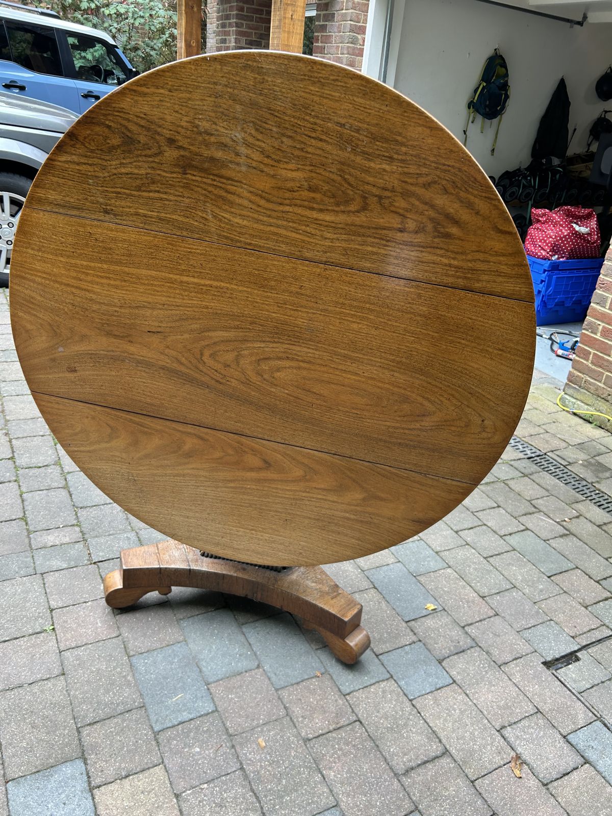 Antique Oak Tilt Top Round Pedestal Table For Sale photo furniture
