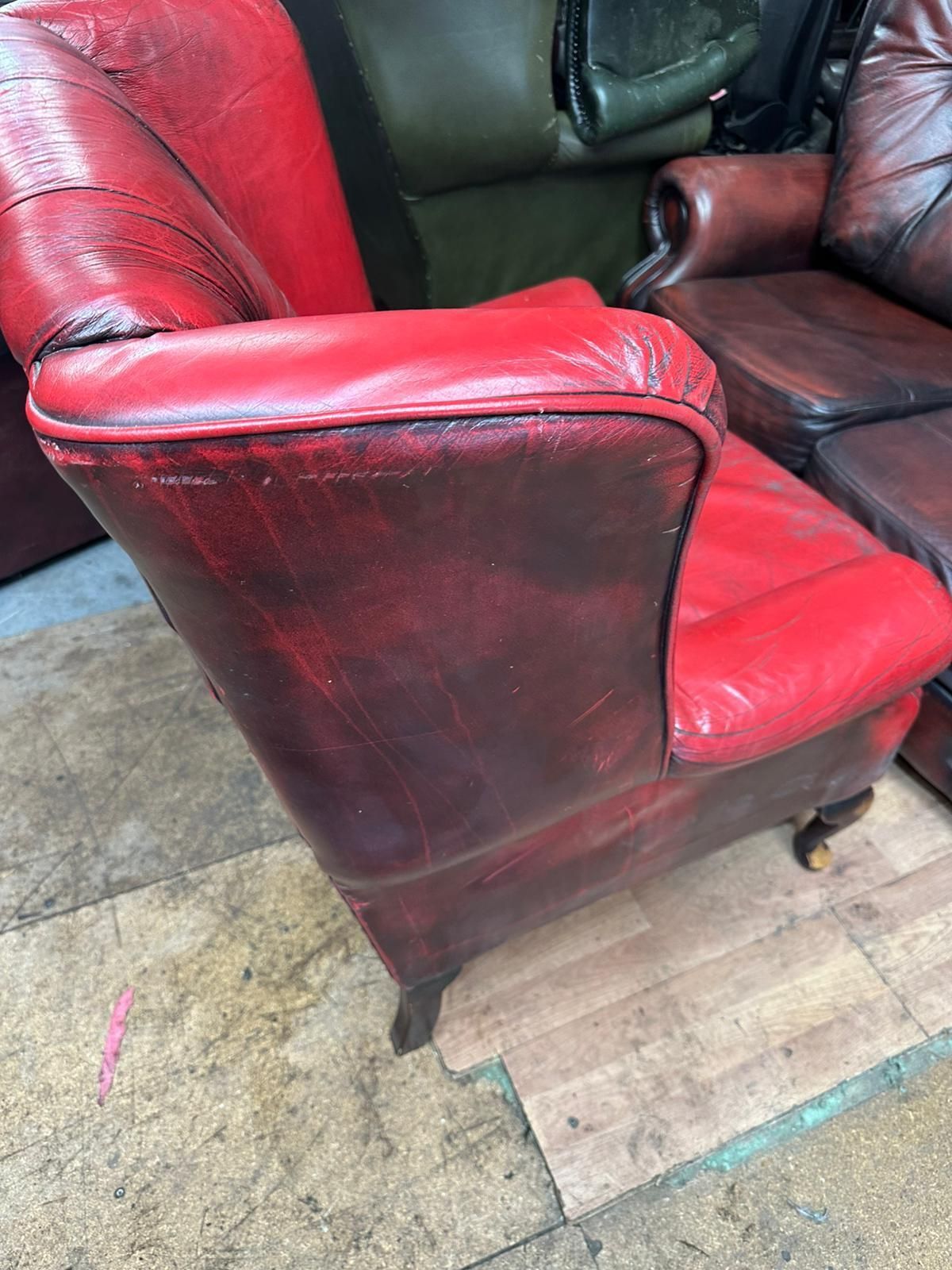Vintage Red Leather Chesterfield Wingback Armchair – Distressed Patina photo furniture