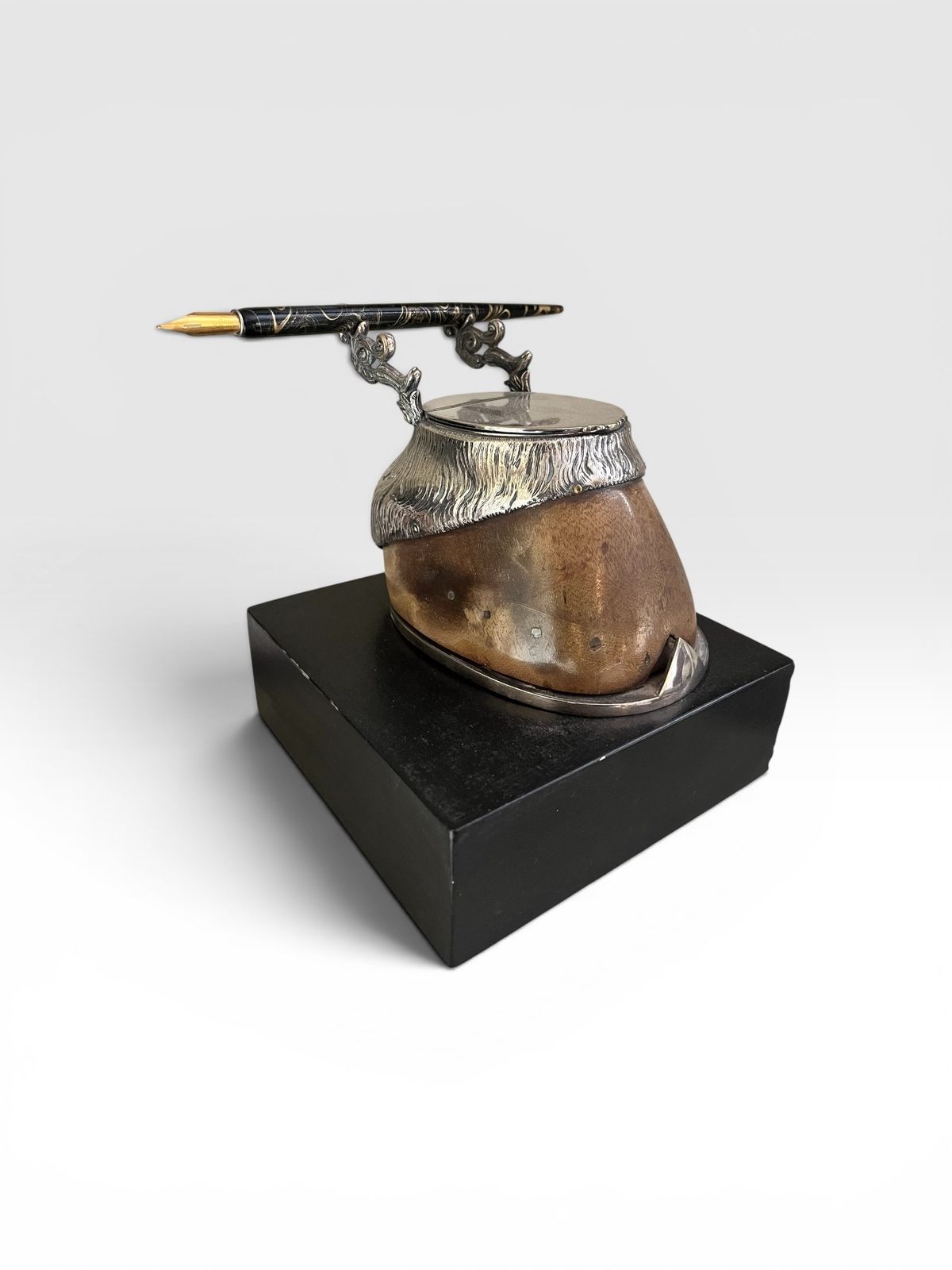A Late 19th Century Silver Plate Hoof Inkwell With Pen Rest, By Rowland Ward & Co photo furniture