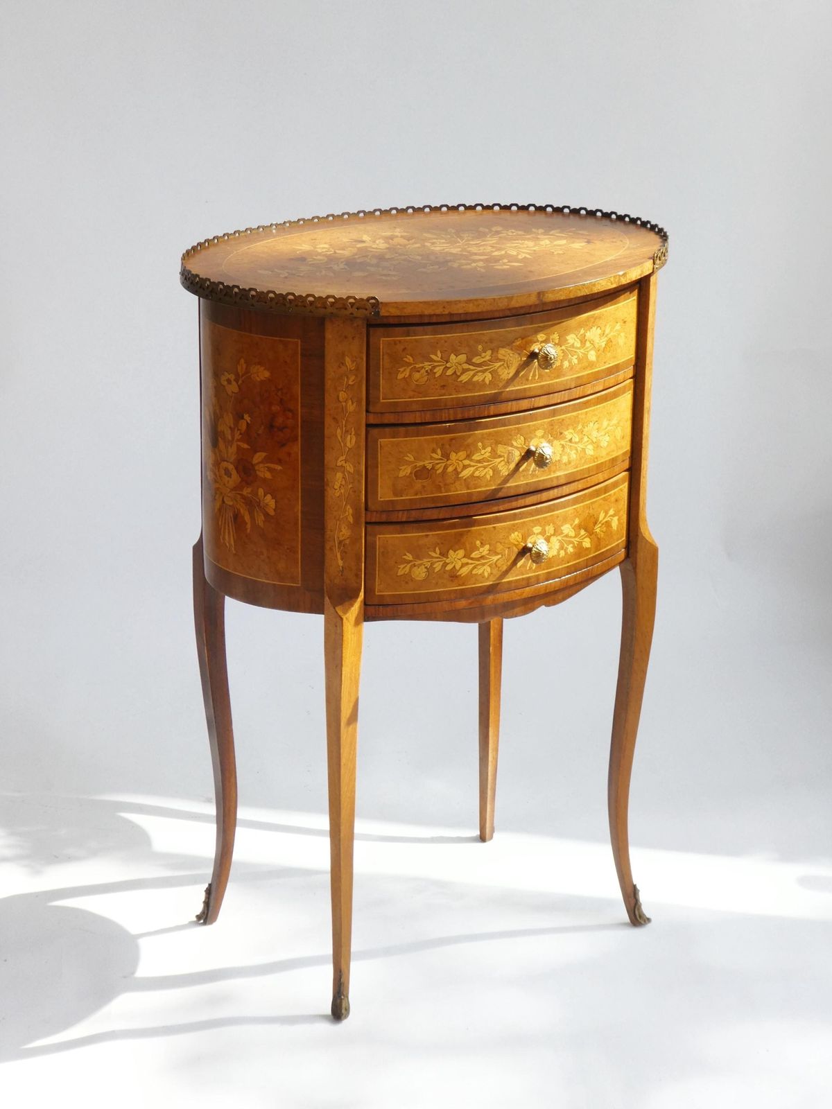Oval French Inlaid Louis XV Nightstand, Antique Marquetry Side Table, Chest With Drawers And Floral Details photo Furniture