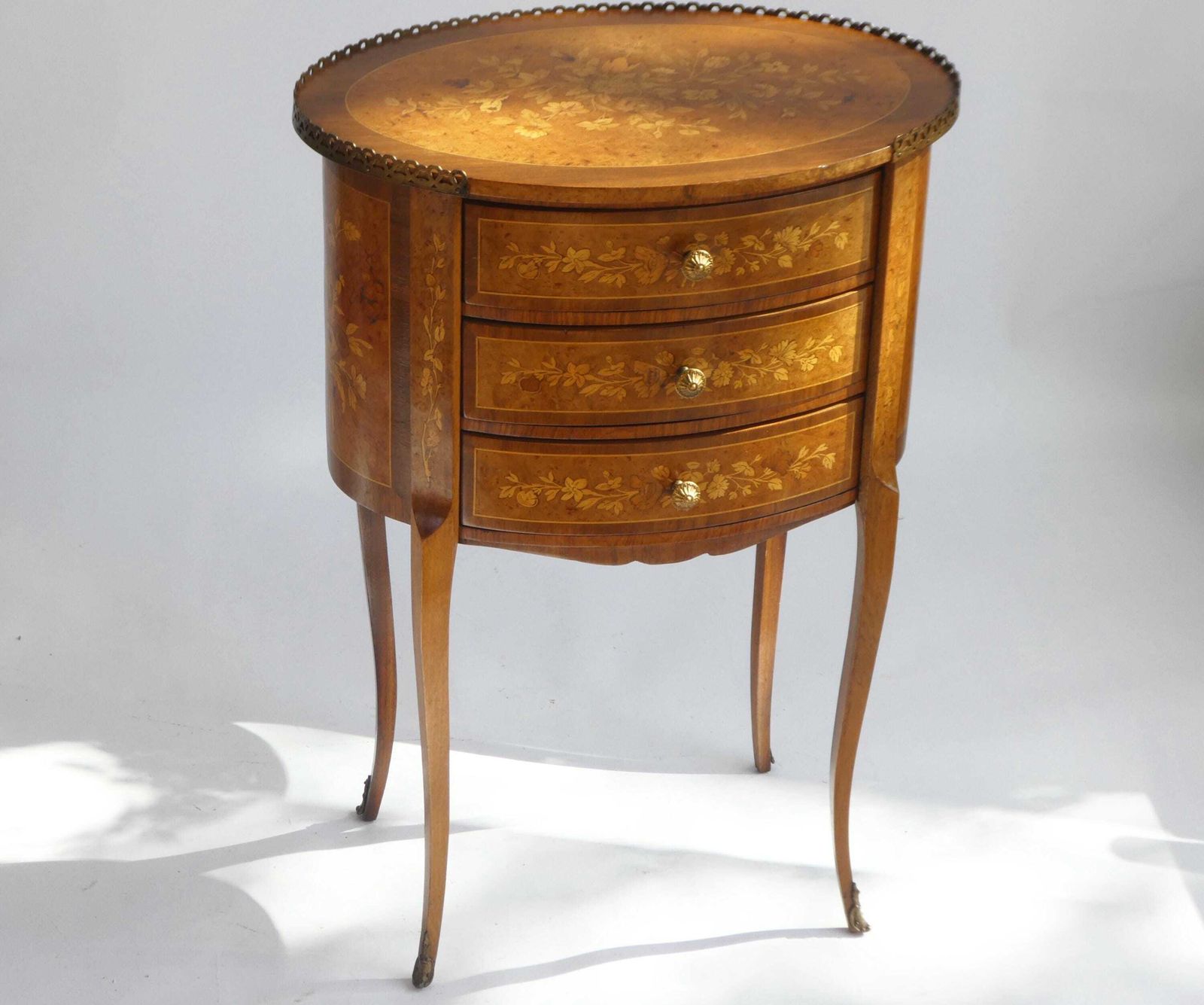Furniture Oval French Inlaid Louis XV Nightstand, Antique Marquetry Side Table, Chest With Drawers And Floral Details photo
