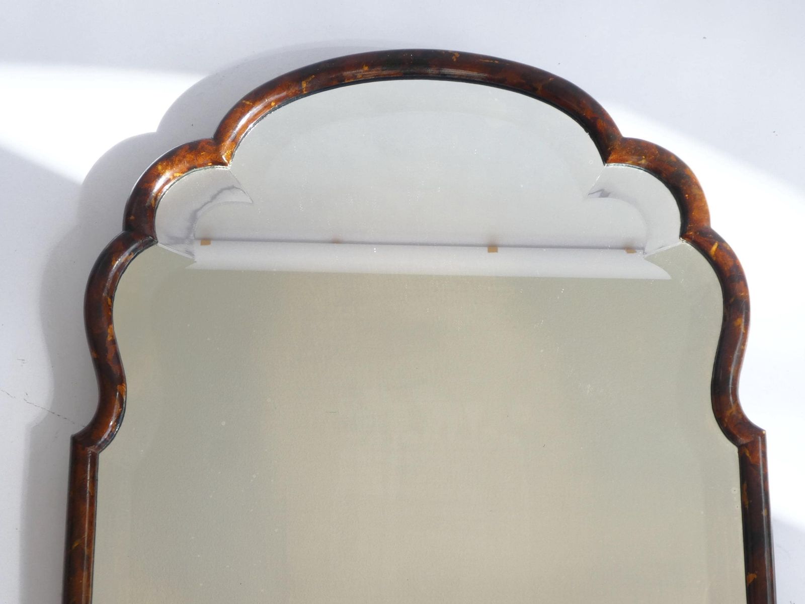 Antique Large Wooden Scalloped Lacquered Mirror, Dutch Wall Mirror With Beveled Glass, Farmhouse Wall Decor photo for sale