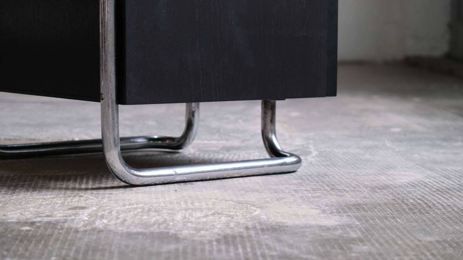 Bauhaus Bedside Table In Black With Chromed Tubular Steel photo vinterior