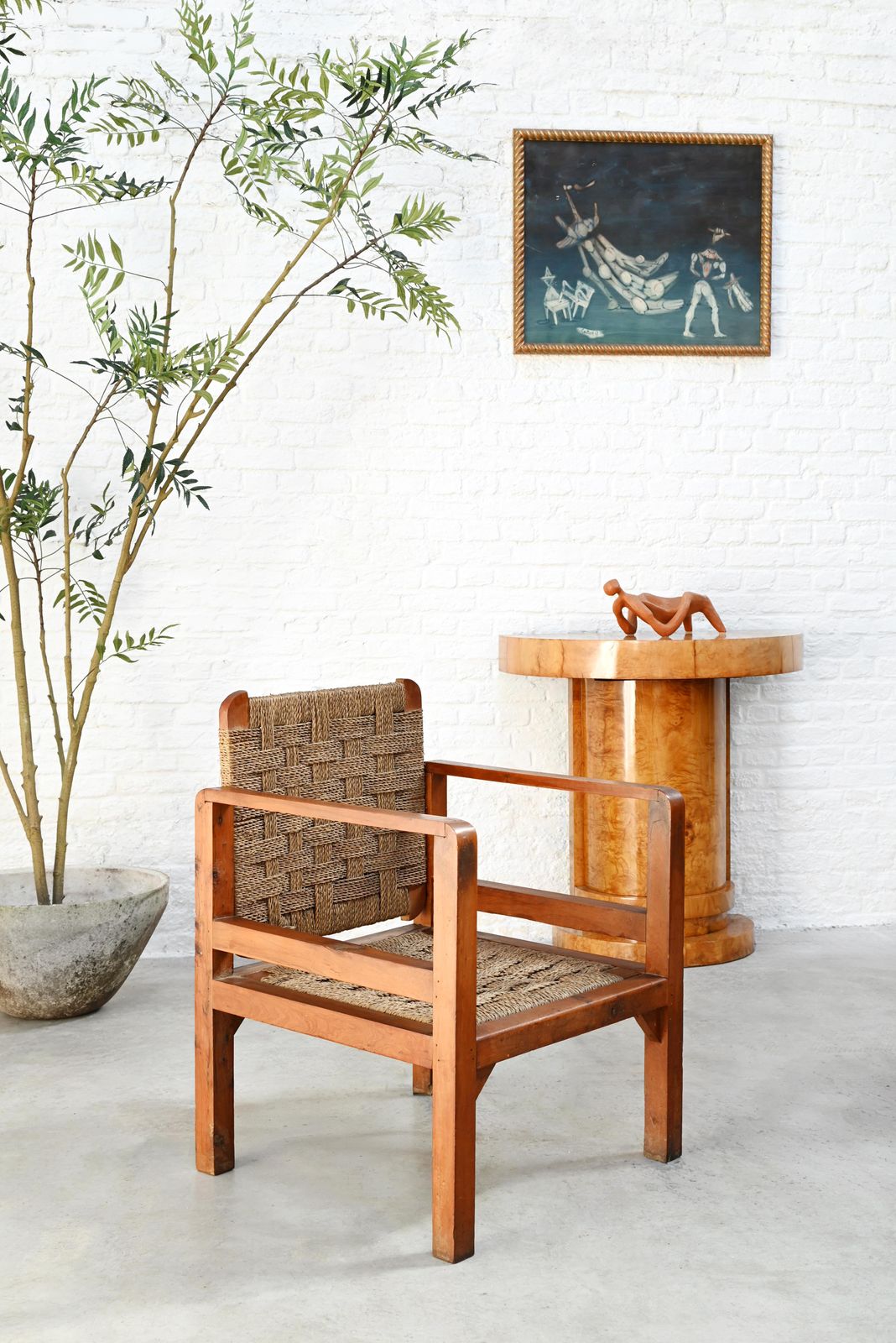 Pair Of French Oak And Woven Straw Armchairs, France, 1960s photo vinterior
