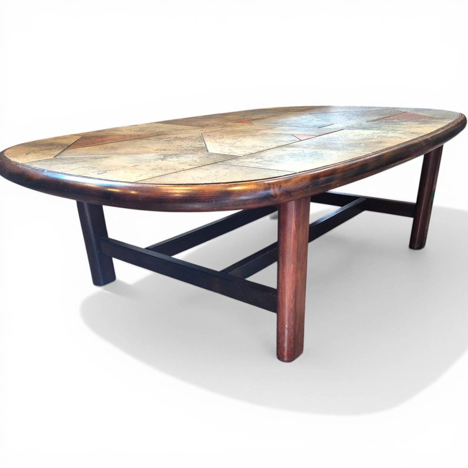 Brutalist Slate Coffee Table Paul Kingma Style Vintage 1970s Stone Copper Mosaic Mid Century Modern Large Statement Table photo Furniture
