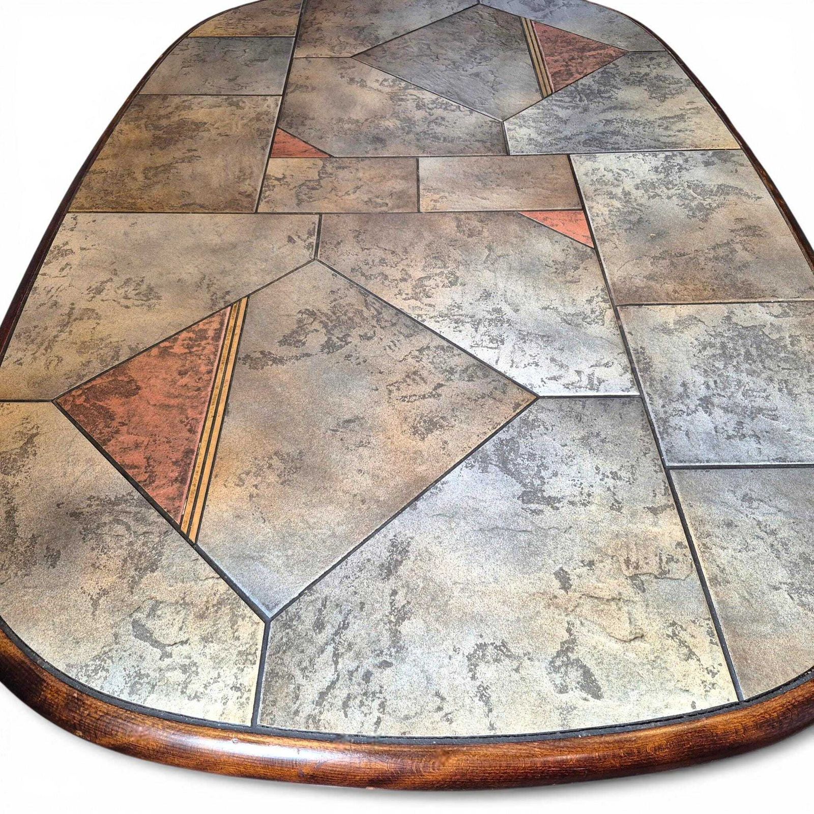 photo vintage Brutalist Slate Coffee Table Paul Kingma Style Vintage 1970s Stone Copper Mosaic Mid Century Modern Large Statement Table