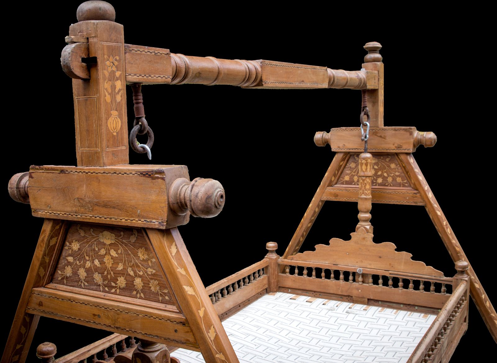 Early 1900s Indian Teak Jhoola (Swing Bed) With Intricate Wood Inlay photo furniture