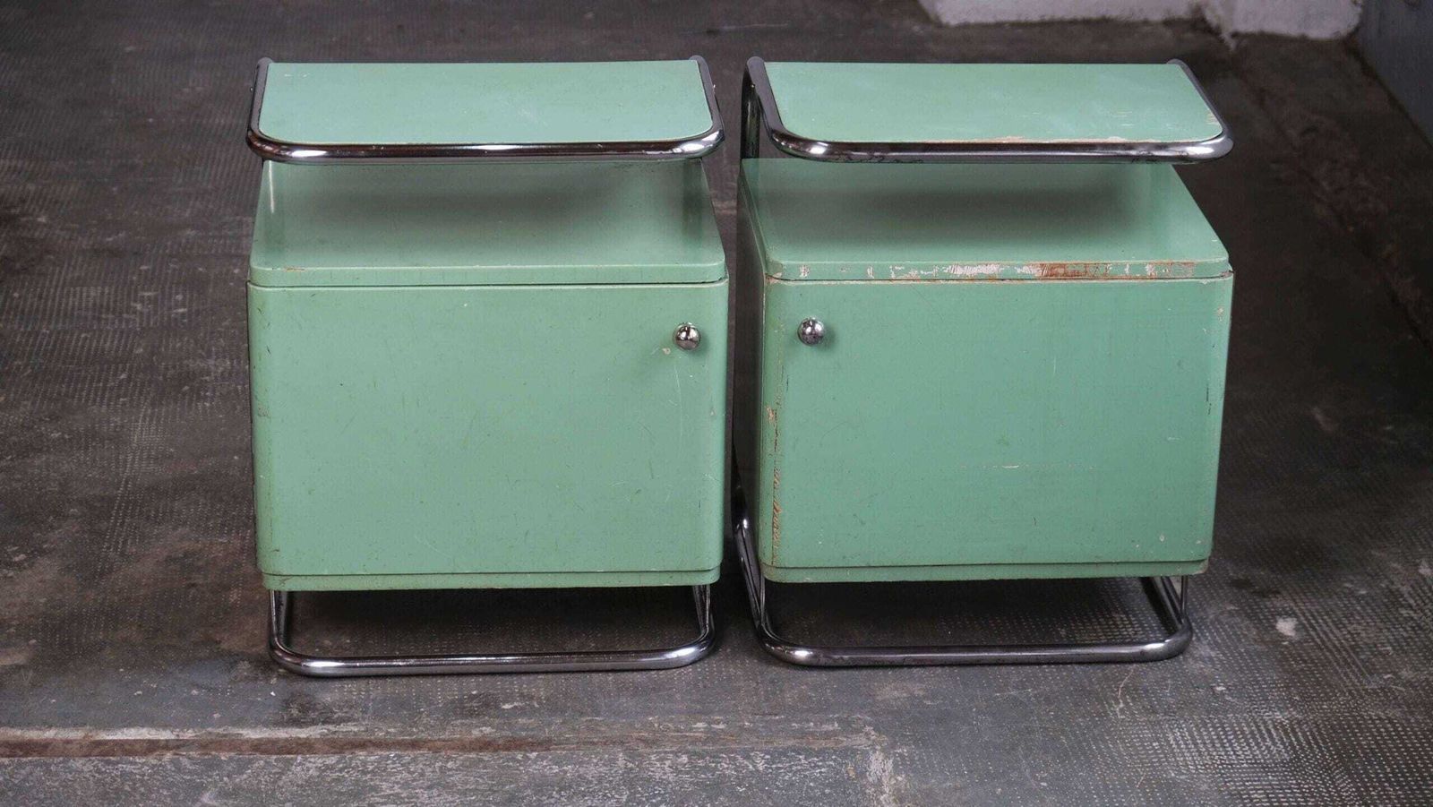 Set Of Two Bauhaus Bedside Tables In Mint Green photo for sale