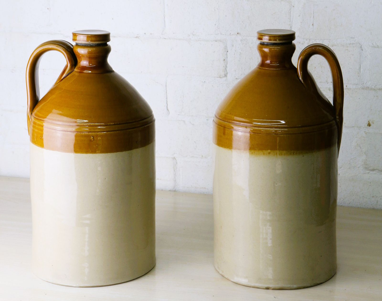 A Pair Of Antique English Stoneware Flagons Highly Decorative Salvage
