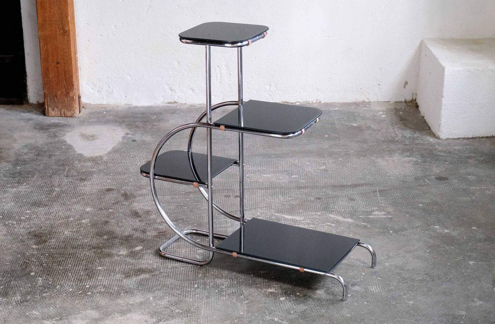 Large Bauhaus Style Tiered Serving Stand With Black Or White Glass Plates photo furniture