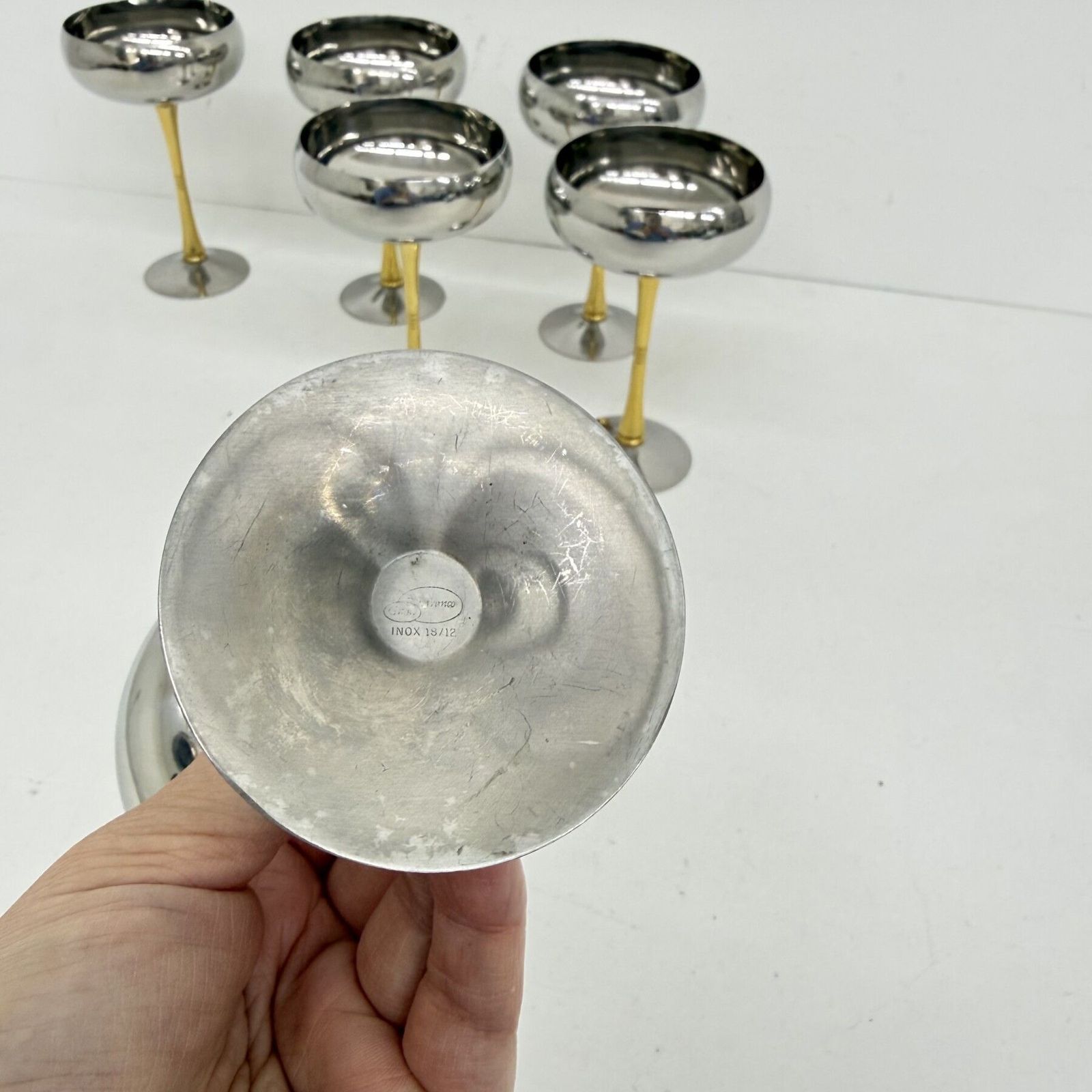 photo vinterior Mid Century Set Of 6 Italian Stainless Steel And Brass Champagne Coupes , 1970s