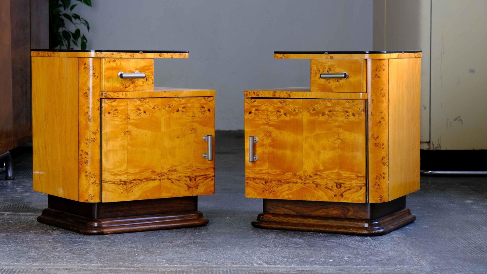 Set Of Two Art Deco Bedside Tables In Yellow Brown photo furniture