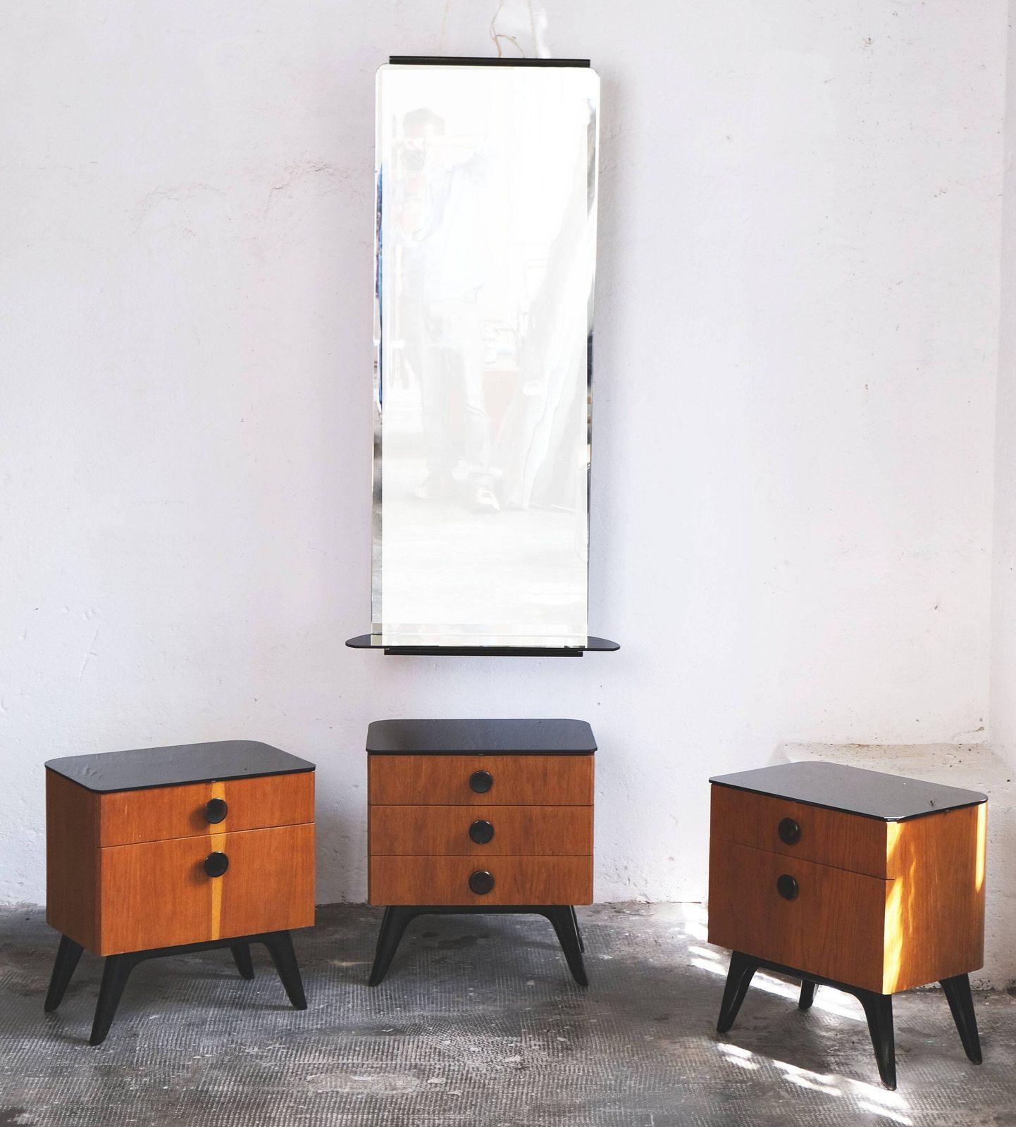 Set Of Two Mid Century Bedside Tables And A Chest Of Drawers With Mirror photo furniture