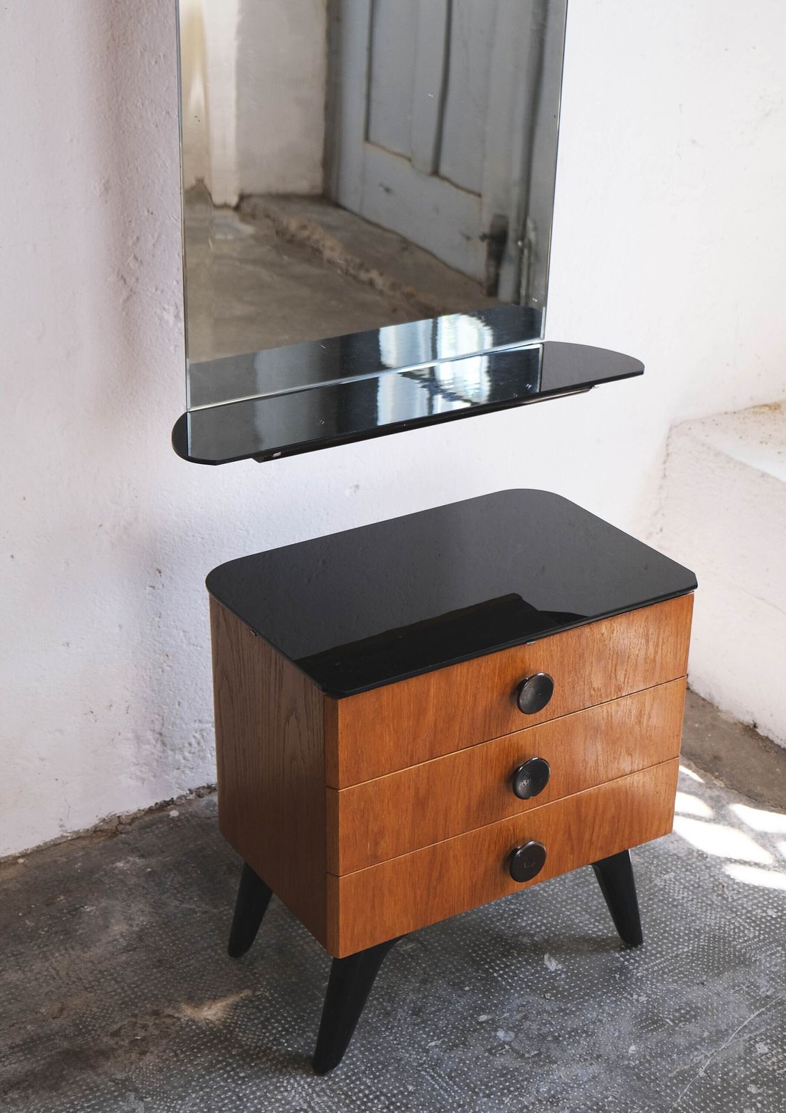 Set Of Two Mid Century Bedside Tables And A Chest Of Drawers With Mirror photo Furniture