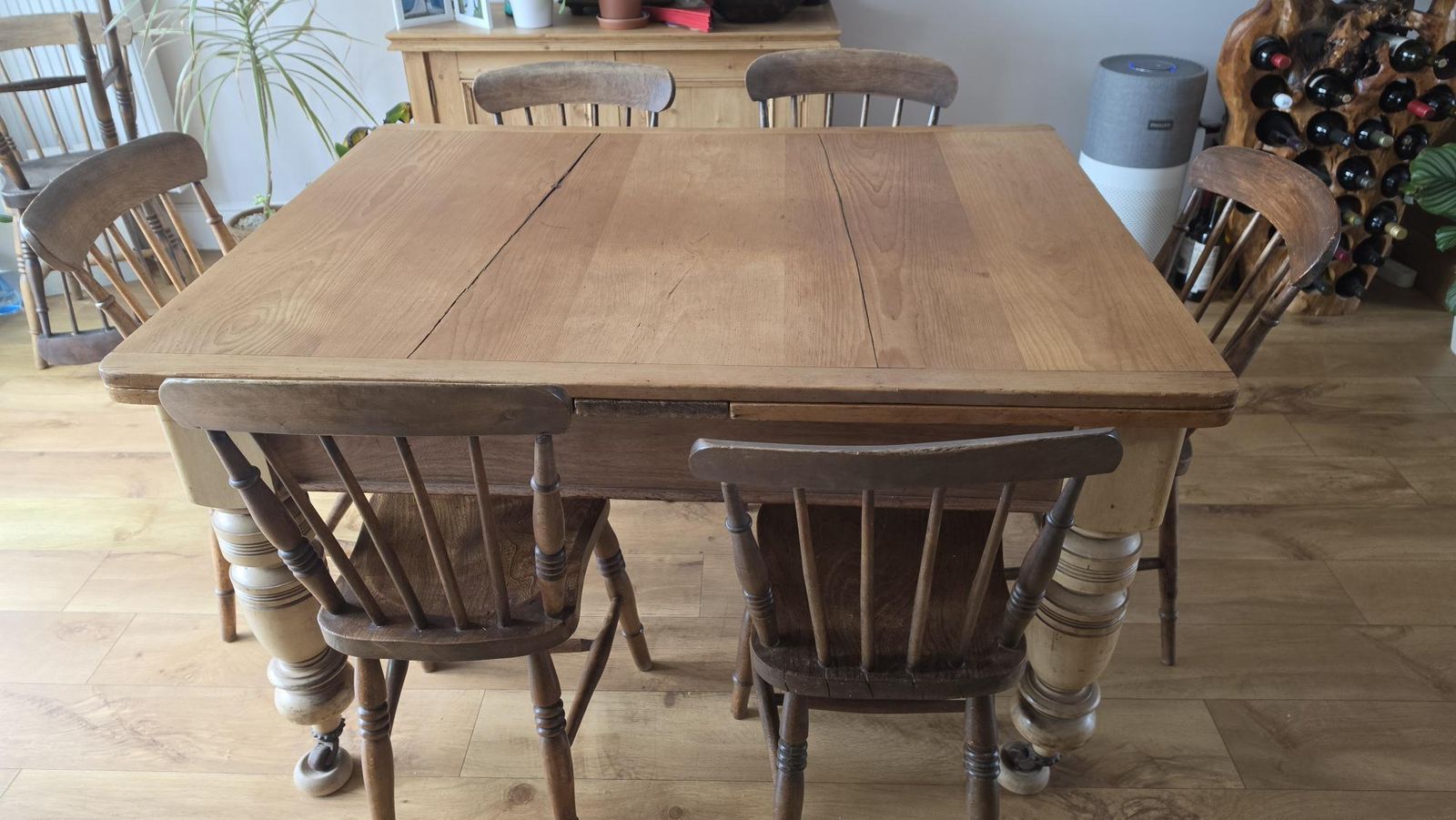 Victorian Farmhouse Set, Pine Top With Turned Elm Legs,  Set Of 8 Windsor Chairs.   Extends To Seat 10 photo buy