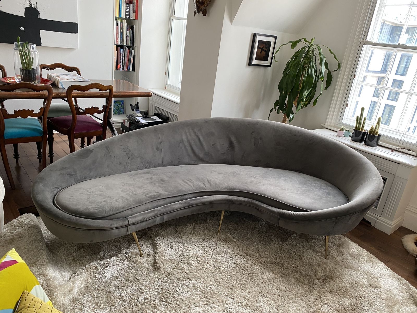 Sculptural Curved Grey Velvet Conversation Sofa