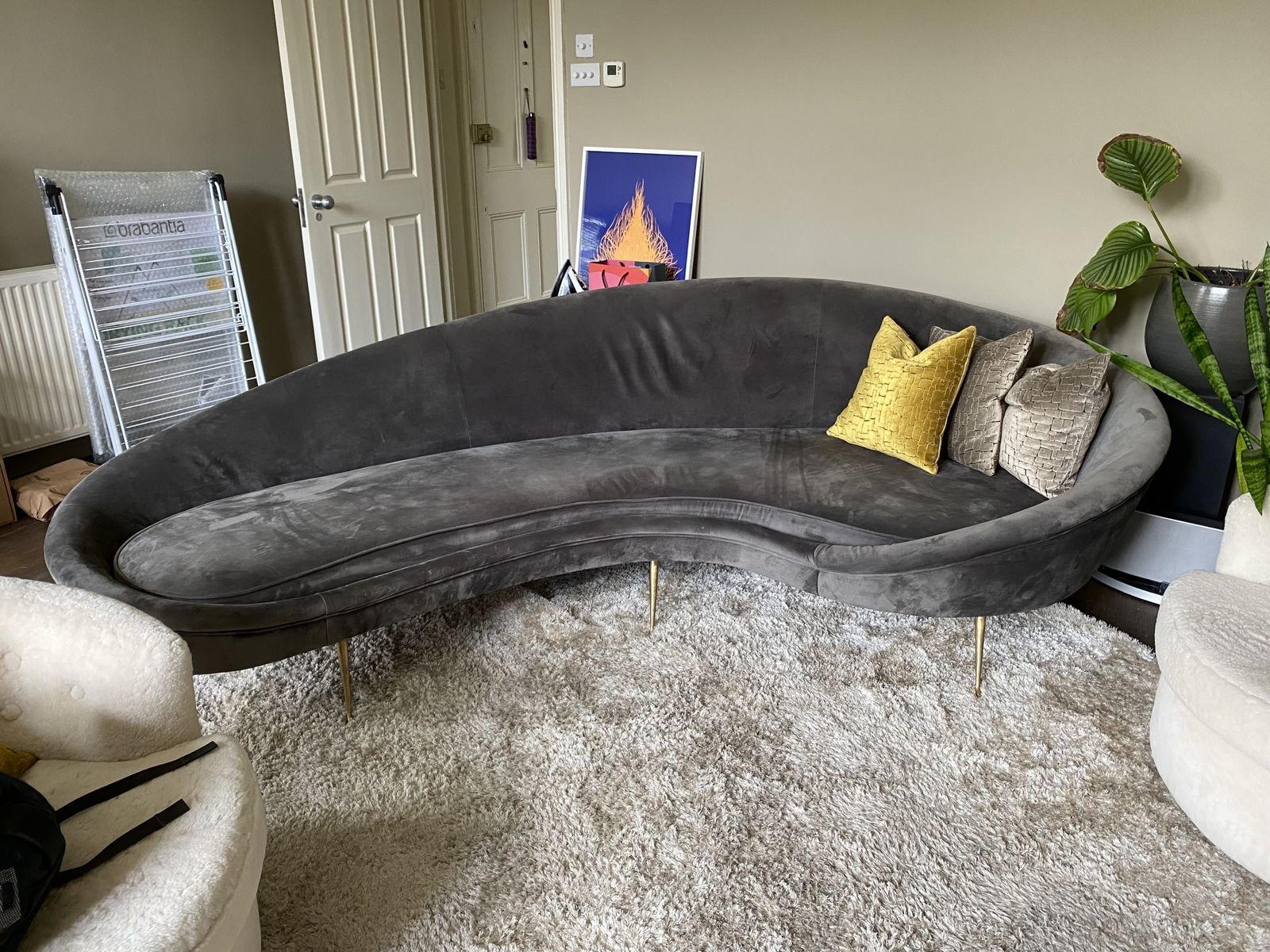 Sculptural Curved Grey Velvet Conversation Sofa photo 3450.0