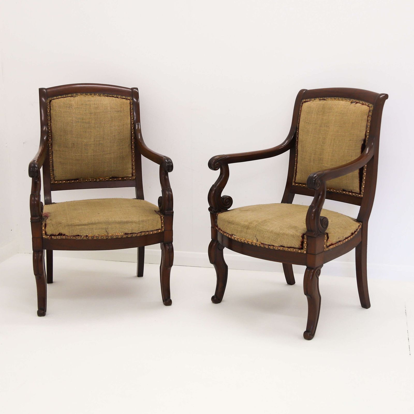 Pair Of French Mahogany Fauteuils – Early 19th Century Armchairs With Carved Scroll Arms photo furniture