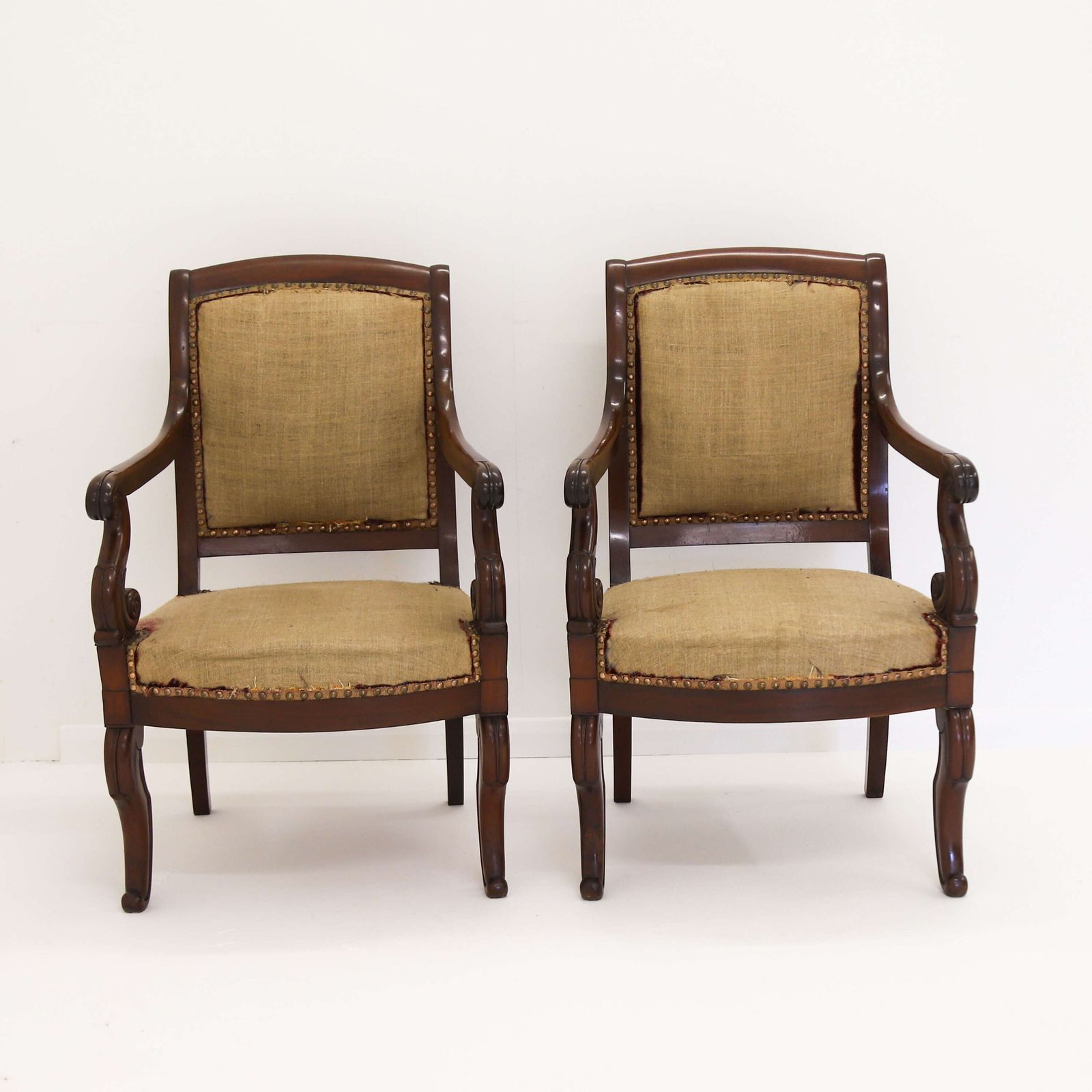 Pair Of French Mahogany Fauteuils – Early 19th Century Armchairs With Carved Scroll Arms photo Furniture