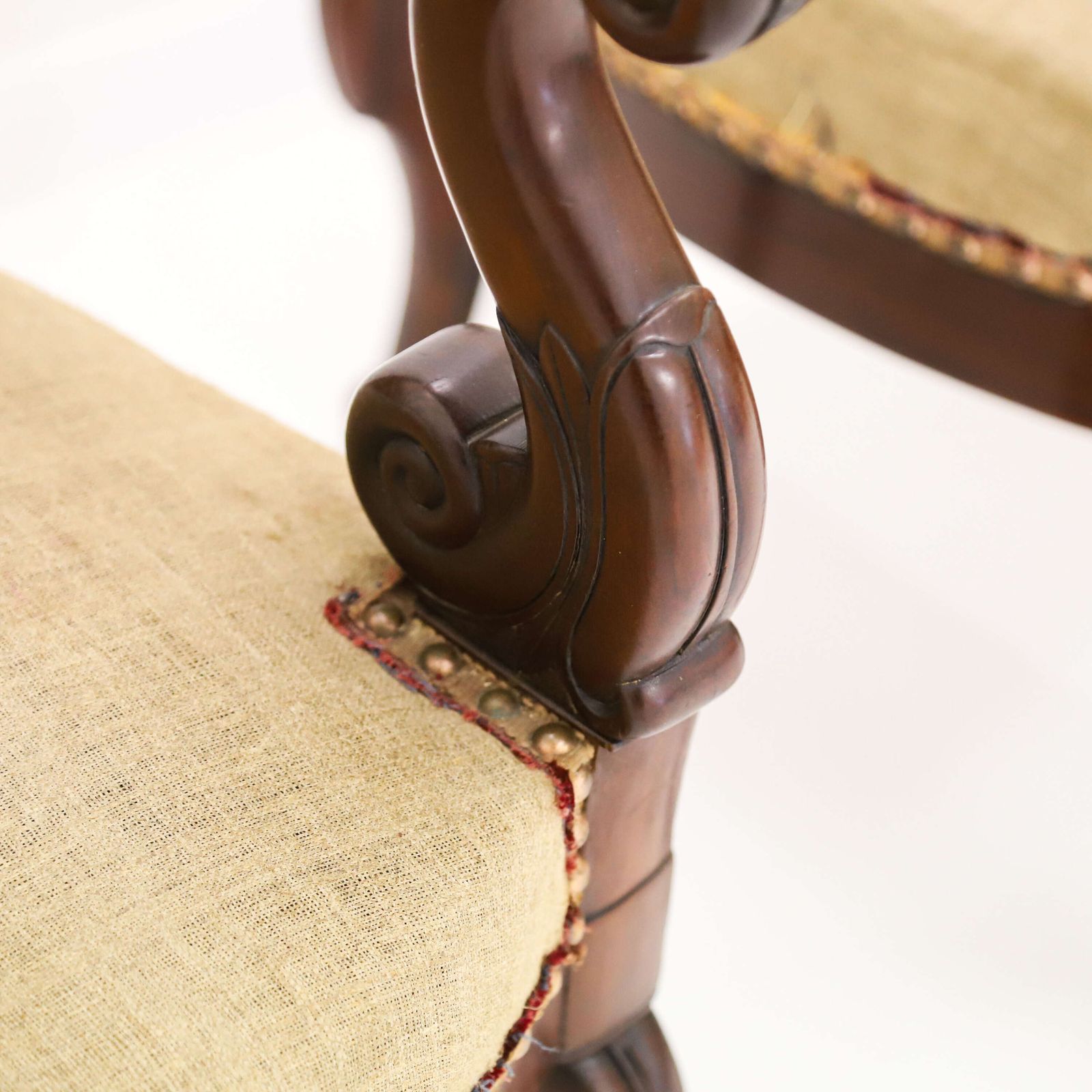 photo for sale Pair Of French Mahogany Fauteuils – Early 19th Century Armchairs With Carved Scroll Arms