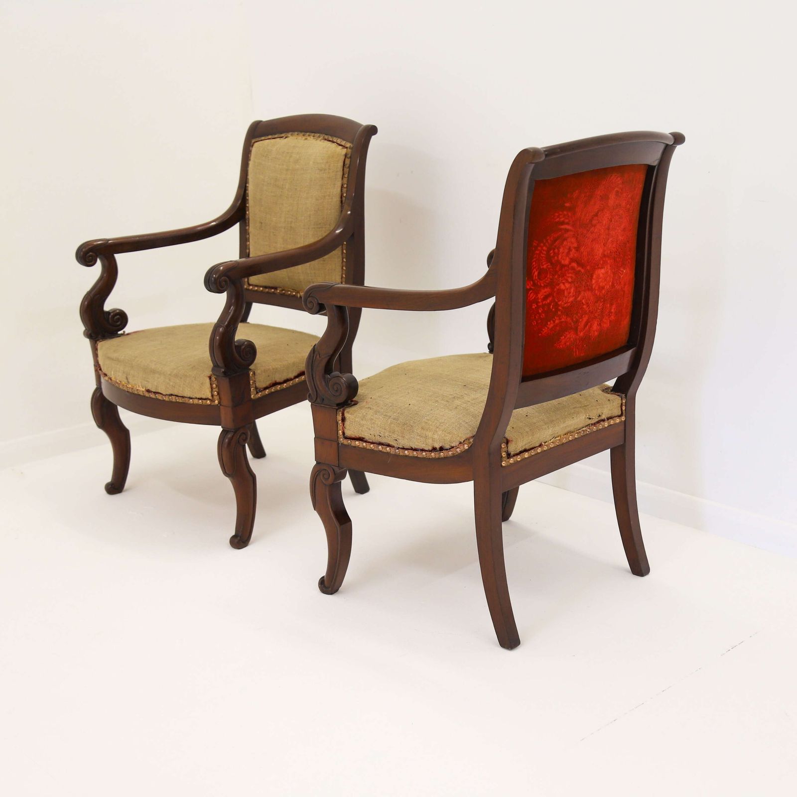 Furniture Pair Of French Mahogany Fauteuils – Early 19th Century Armchairs With Carved Scroll Arms photo