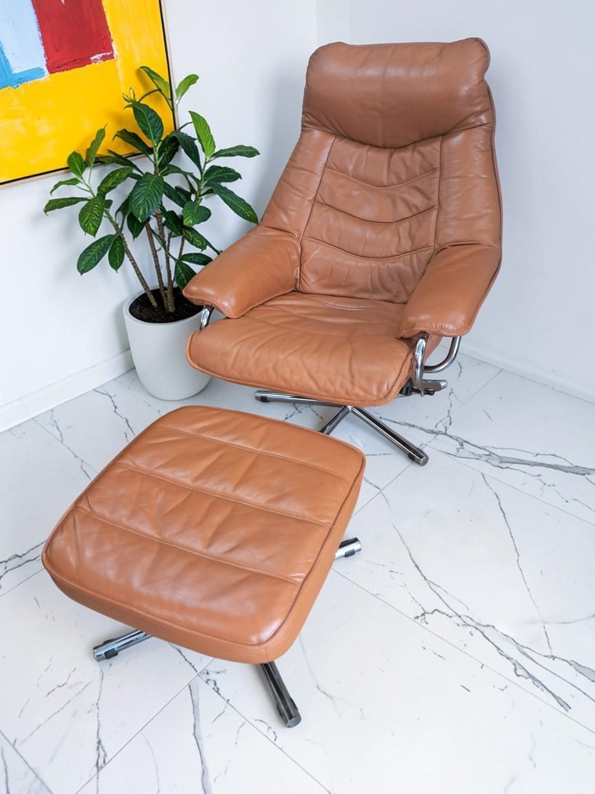 Mid Century Leather Lounge Chair Swivel & Footstool By Skoghaug Industri 1980