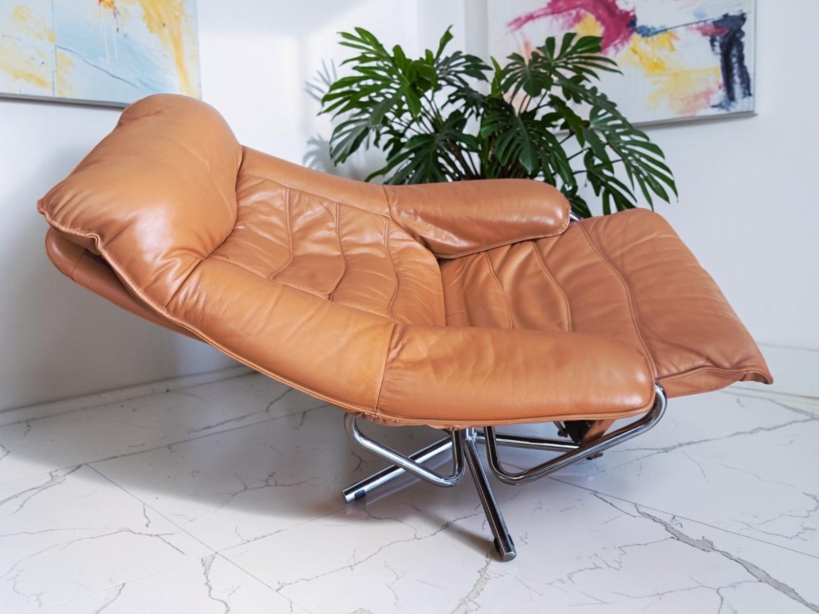 Mid Century Leather Lounge Chair Swivel & Footstool By Skoghaug Industri 1980 photo for sale