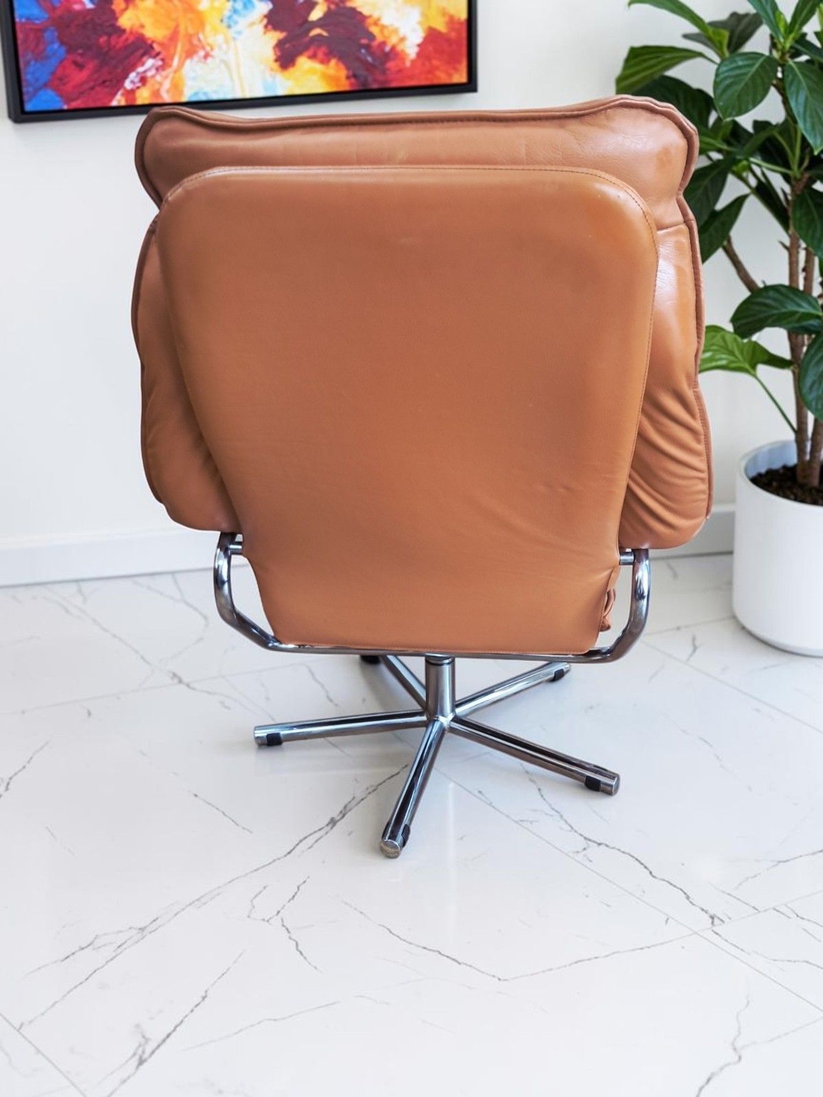 photo for sale Mid Century Leather Lounge Chair Swivel & Footstool By Skoghaug Industri 1980