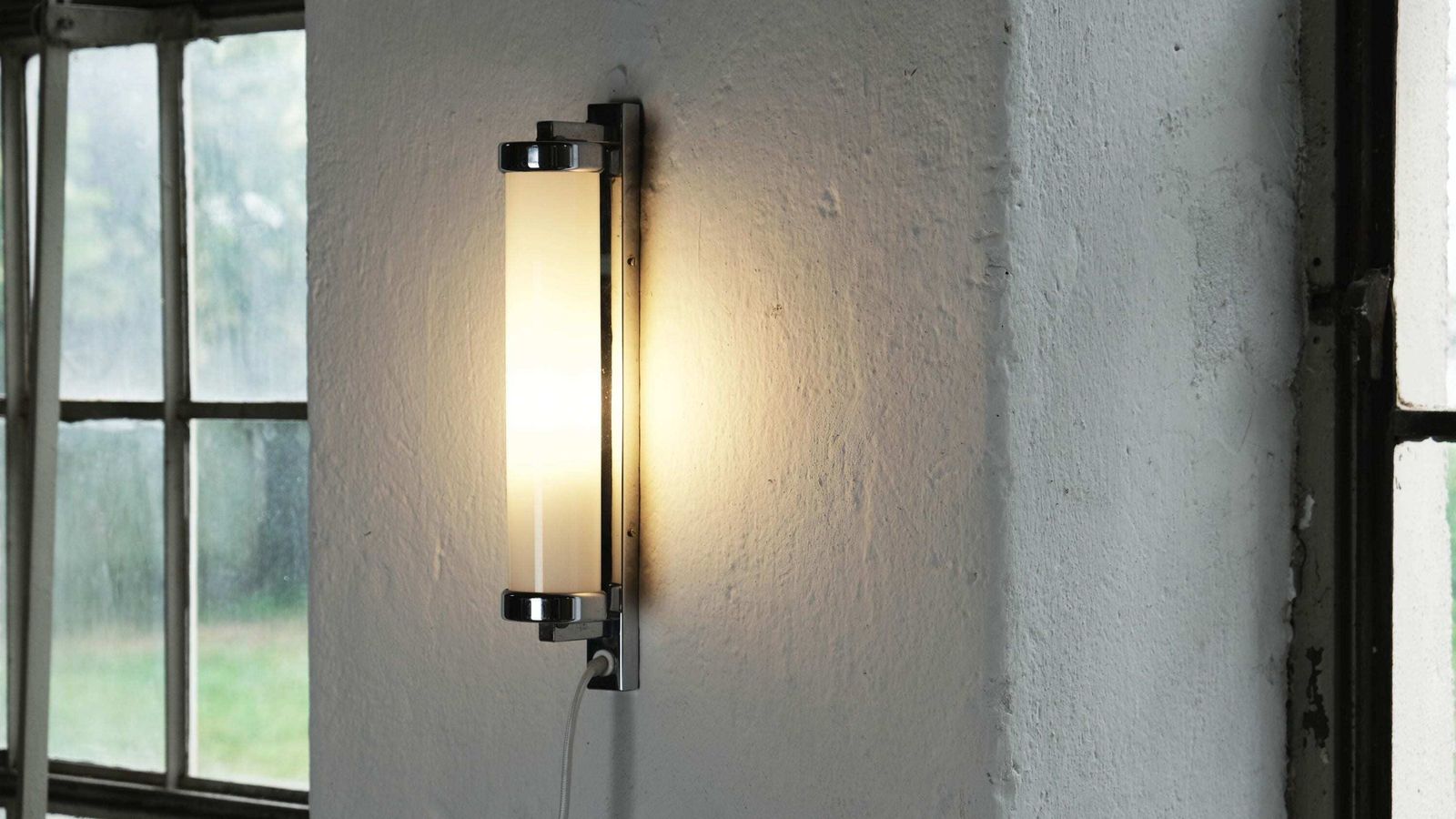 Bauhaus Chrome Wall Lamp By Napako With White Glass Cylinder, Power Cable And Plug, Size M