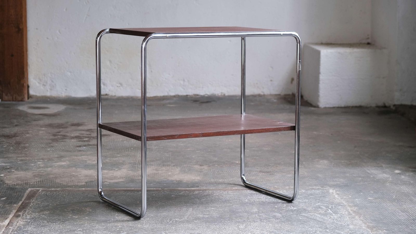 Tubular Steel Side Table With Brown Wooden Shelves