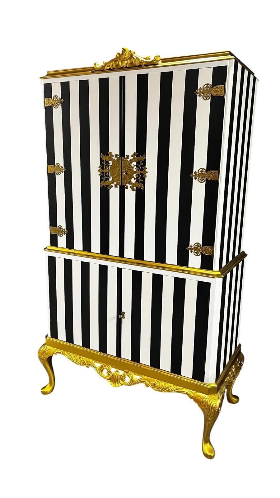 Stunning Queen Anne Style Vintage Drinks Cabinet, Hand Painted Luxury Black And White Stripe Exterior, Gold Accents photo for sale