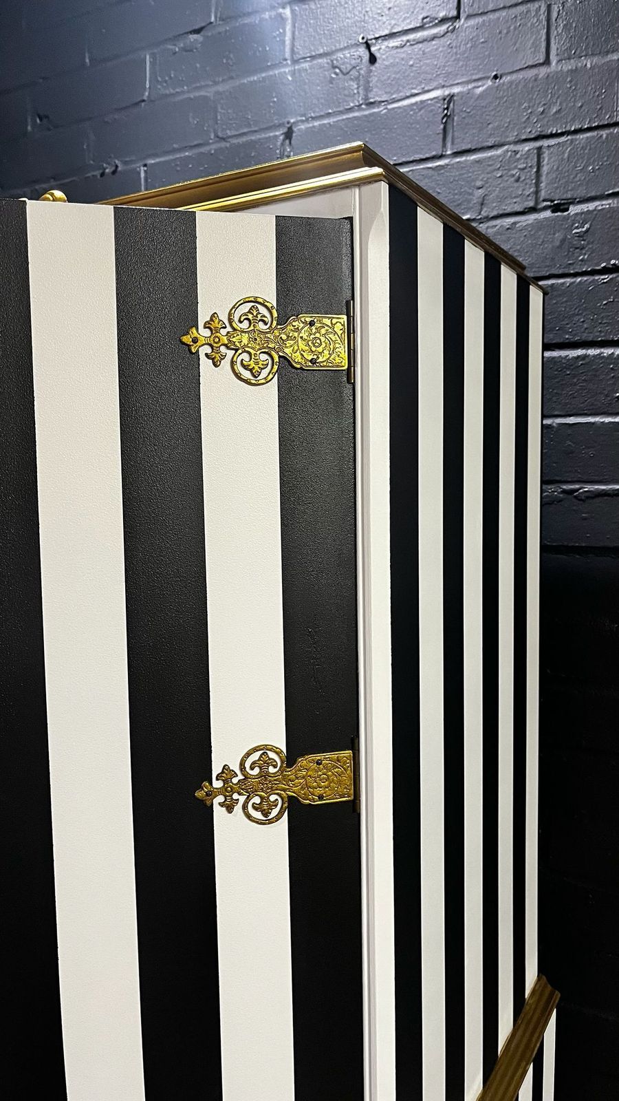 Stunning Queen Anne Style Vintage Drinks Cabinet, Hand Painted Luxury Black And White Stripe Exterior, Gold Accents photo buy