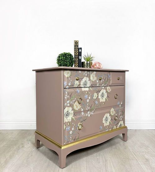 Pink Floral Stag Oversized Bedside Cabinets  Vintage Pair Uk