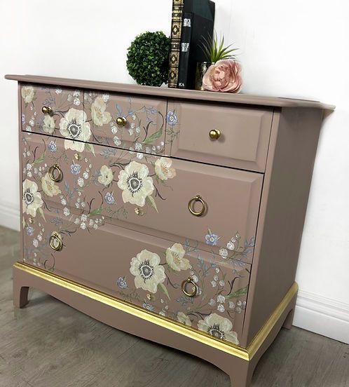 Pink Floral Stag Oversized Bedside Cabinets  Vintage Pair Uk photo for sale